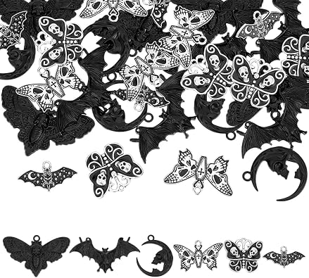30Pcs 6 Styles Black Bat Moth Butterfly Charms Alloy Enamel Halloween Insect Charms Gothic Pendant Bulk Moon Skull Halloween Pendants for Jewelry Making Findings Necklace Earring Craft