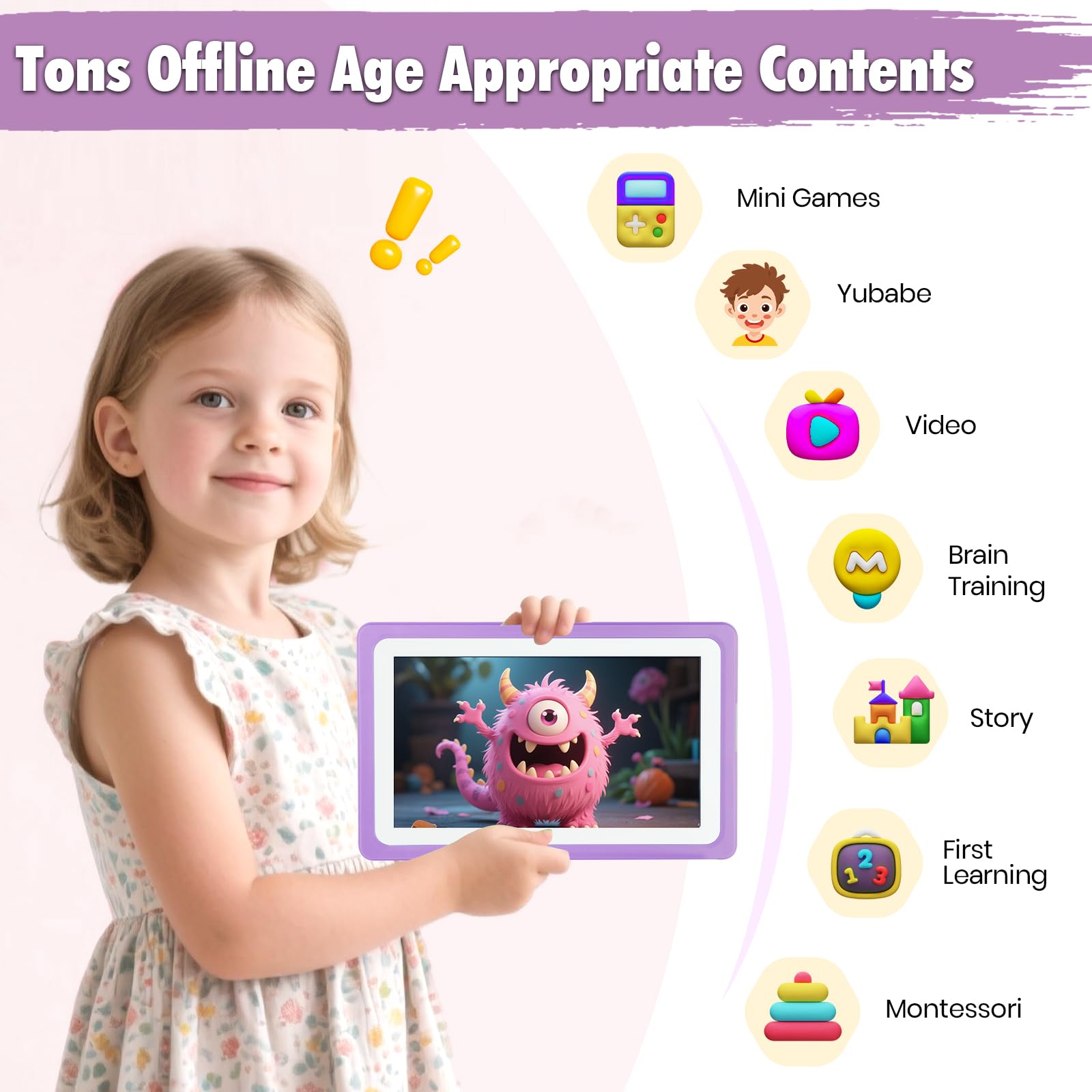 Tablet per bambini da 7 pollici con controllo genitori, tablet WIFI per bambini con un sacco di app offline per l'apprendimento dei bambini preinstallate, tablet per bambini 3-7 anni regalo per