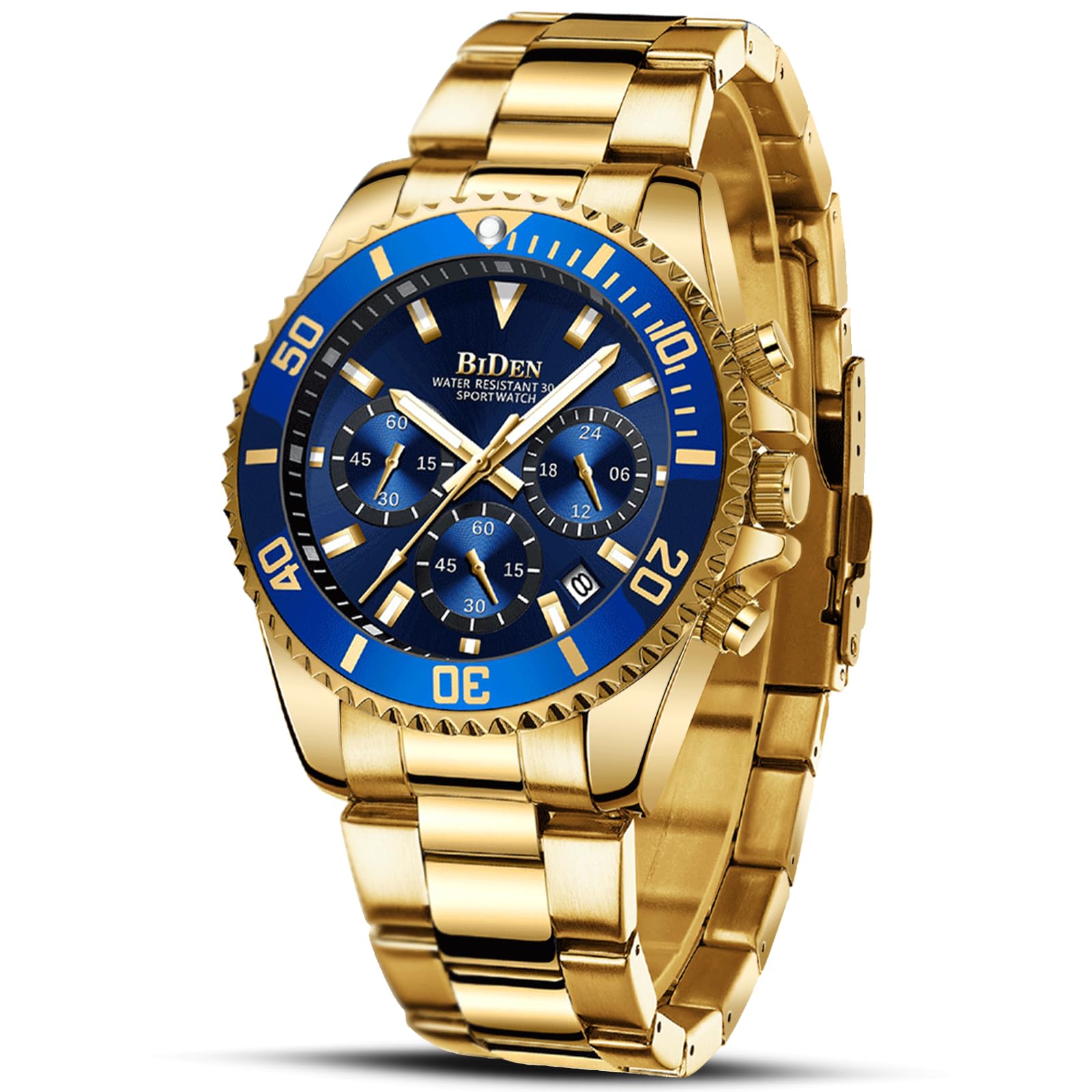 Mens Watches Chronograph Gold Blue Stainless Steel Waterproof Date Analog Quartz Watch Business Casual Fashion Wrist Watches for Men
