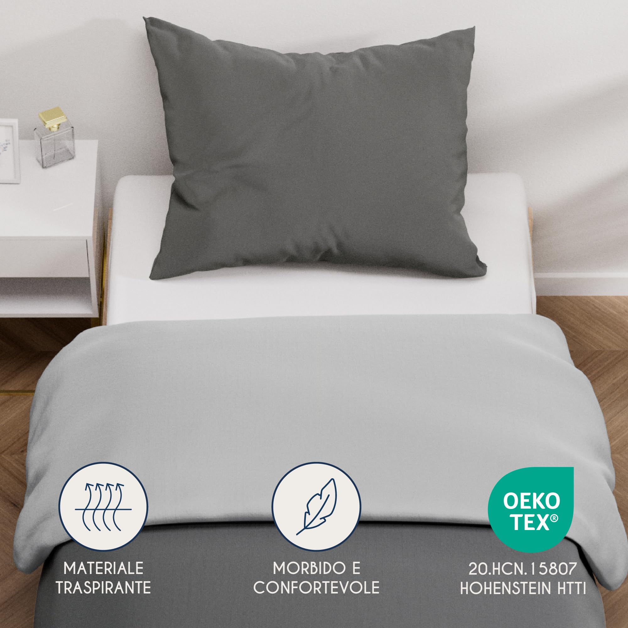 Dreamzie Copripiumino Singolo 135x200 cm con 1 Federe 50x70 cm - Grigio Scuro/Grigio Chiaro Set Copripiumino Singolo 135 x 200