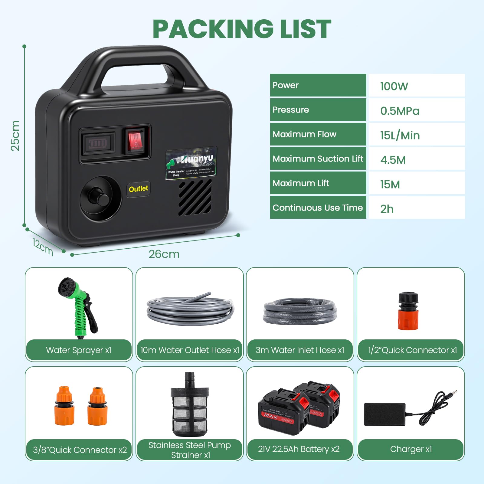 Huanyu Cordless Water Transfer Pump Pompa dell'acqua alimentata a batteria con batterie da 21V 2x22500mAh Pompa elettrica portatile con kit di tubi lunghi per l'acqua