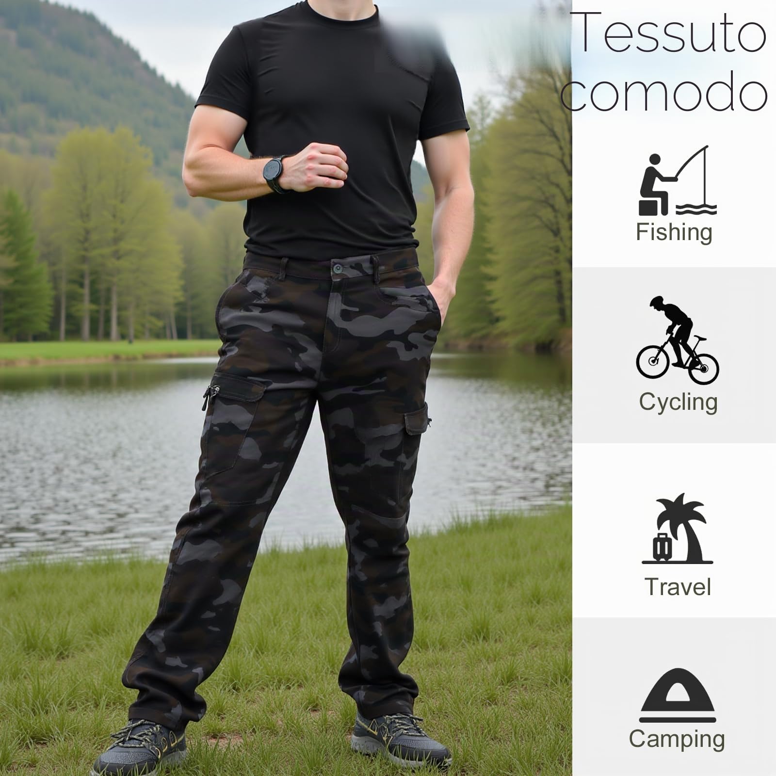 Pantaloni da Lavoro Cargo da Uomo, Pantaloni Casual da Esterno Mimetici in Cotone - Abbigliamento da Trekking da Campeggio con 10 Tasche