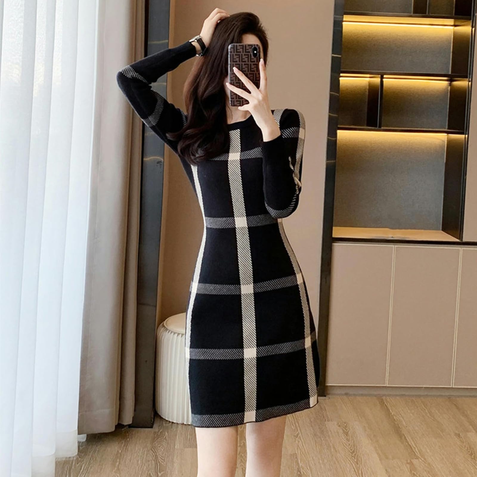 Vestito Donna Autunno Abito in Maglia Scozzese da Donna Autunnale A Maniche Lunghe A Vita Alta con Gonna A Trapezio con Scollo Tondo-Nero-m