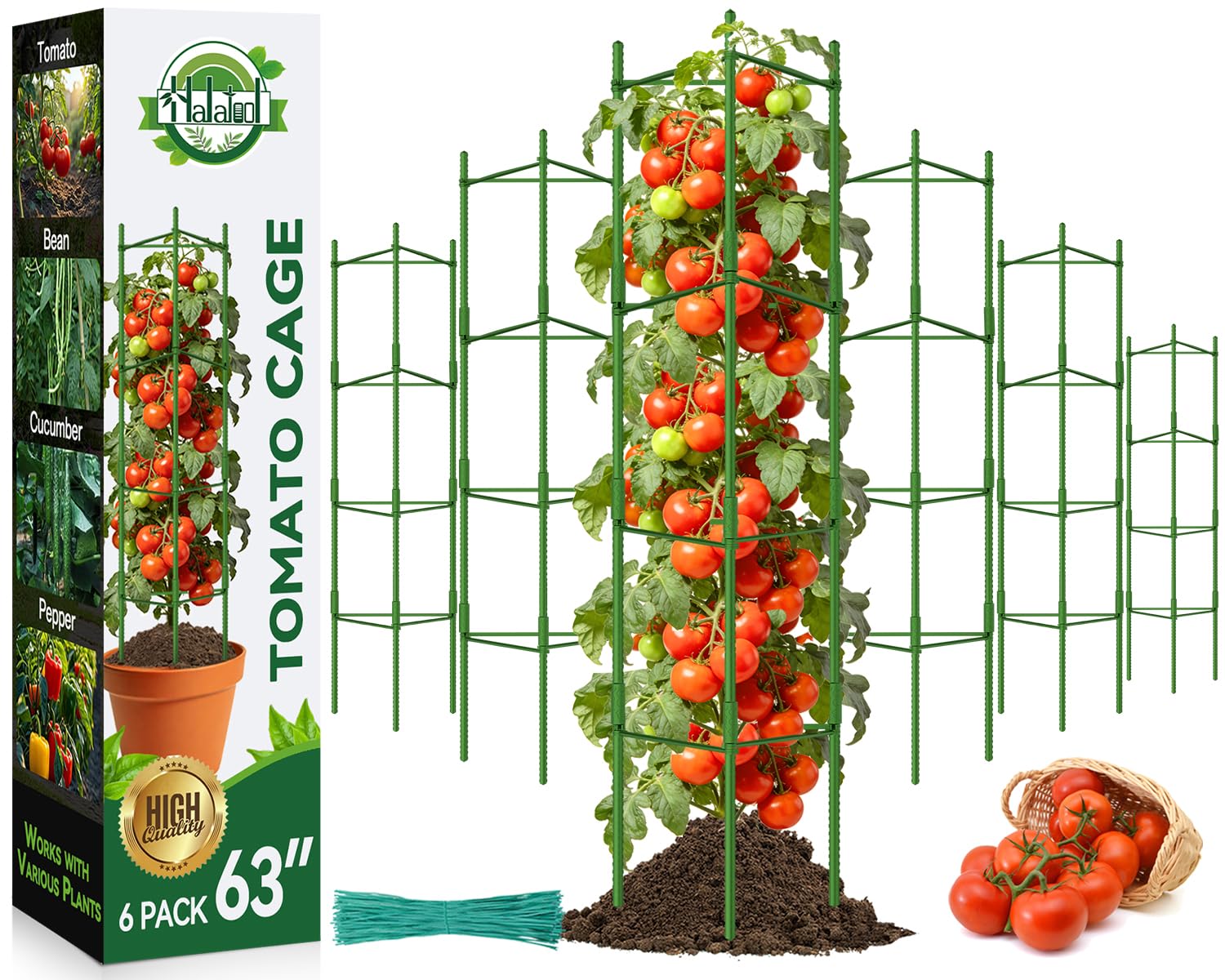 Halatool 6 paquetes de jaulas de tomate, jaula de tomate expandible de hasta 62 pulgadas con 60 lazos giratorios, jaulas de tomate altas con brazos ajustables a presión para verduras (2 hebillas)
