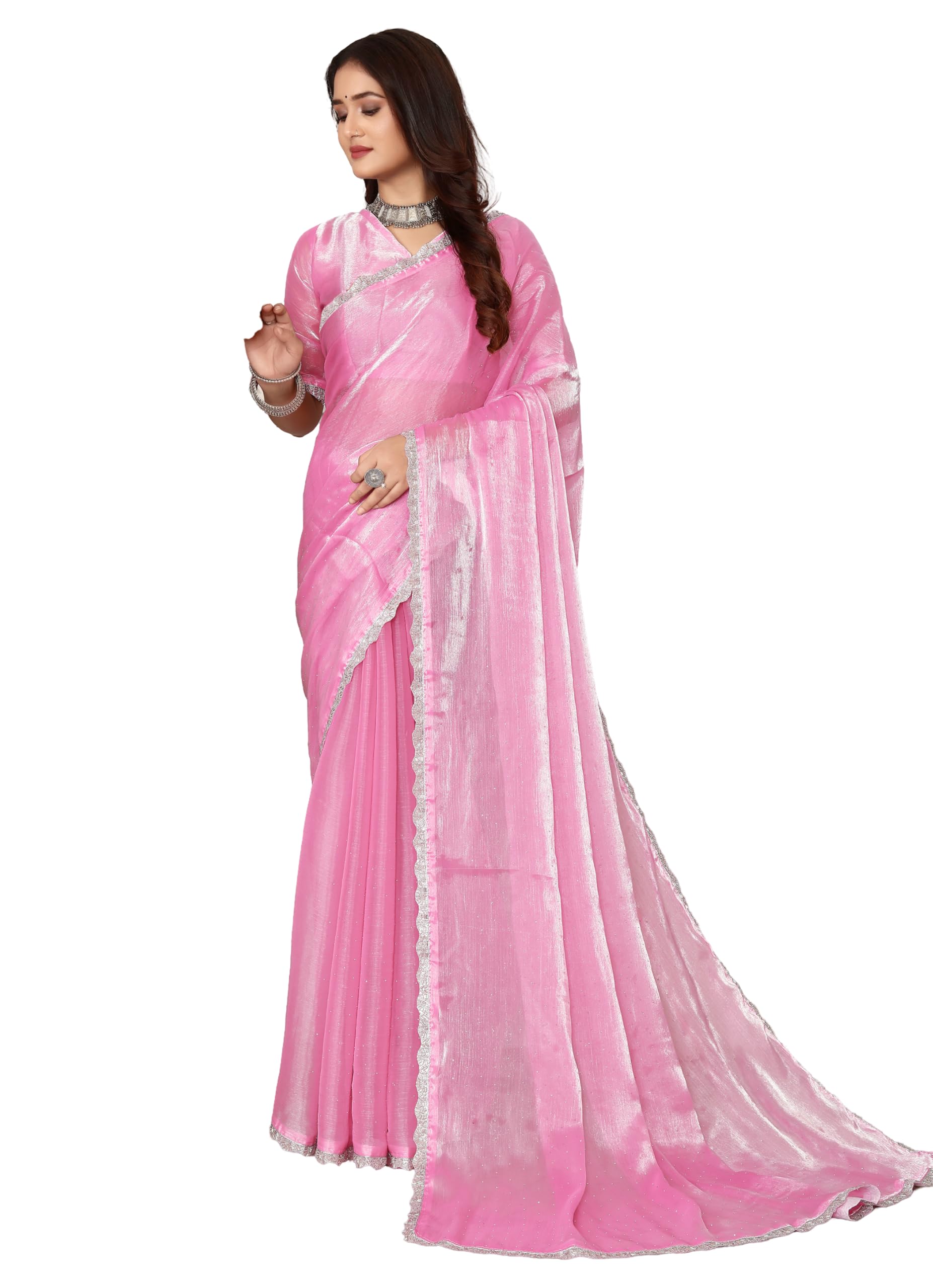 Women's Shimmer Chiffon Lace Boarder Shiny Stone and Diamond Work Saree With Unstitched Blouse Piece
