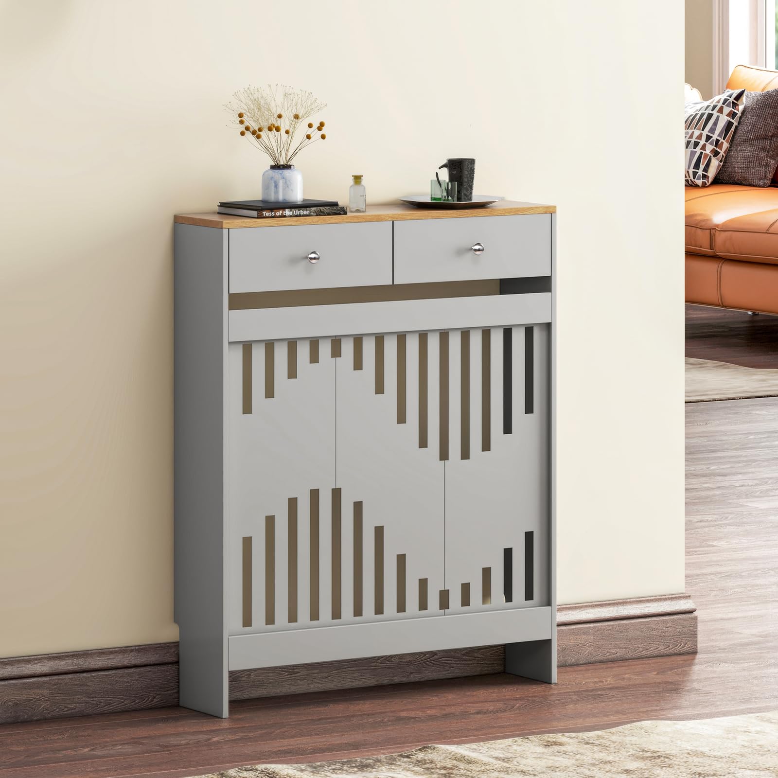 Luxstein Radiator Cover with Drawers, Grey Wooden Radiator Shelf Pipe Covers Cabinet with Wavy Grill for Living Room Bedroom Hallway, 78Lx19Wx95Hcm