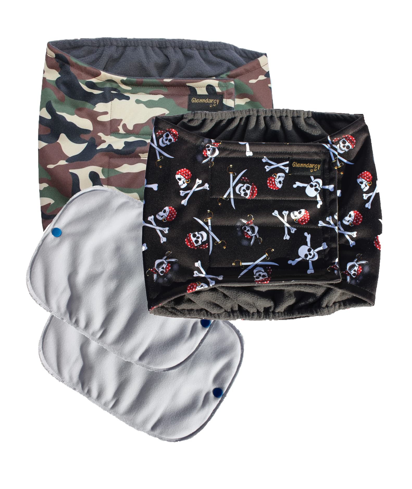 Glenndarcy Male Dog Belly Band - Urine Incontinence (2 Pack - Size XL, Pirates & Camouflage)