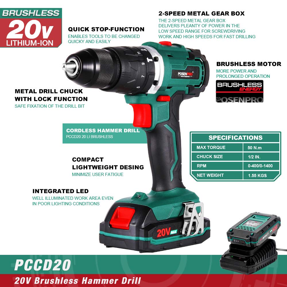 Cordless Drill Driver,Brushless 20V Hammer Drill with 2Pcs 2.0Ah