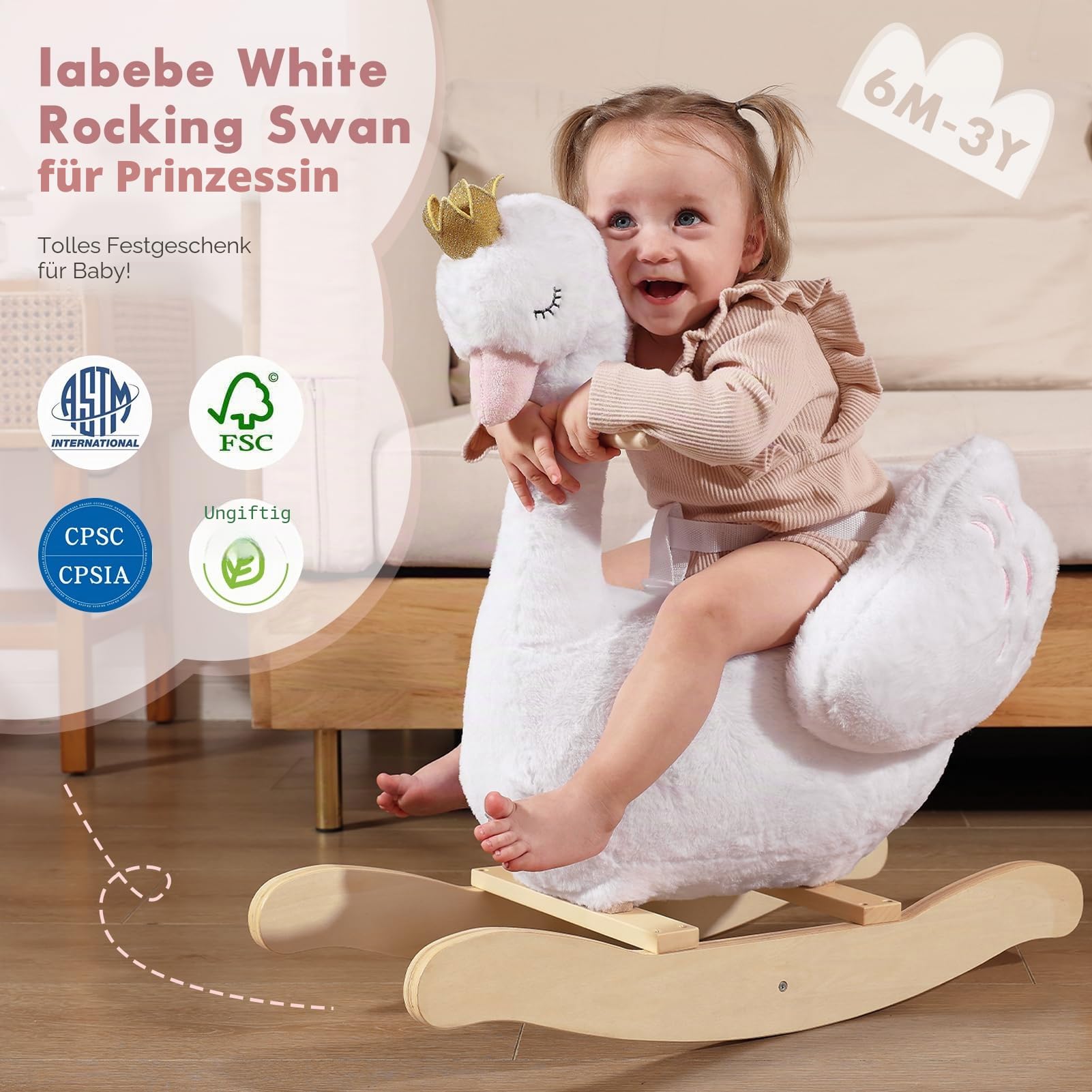 labebe Schaukeltier, Schaukelpferd, Schaukelspielzeug für Kleinkinder, weißer Holz-Schaukelstuhl