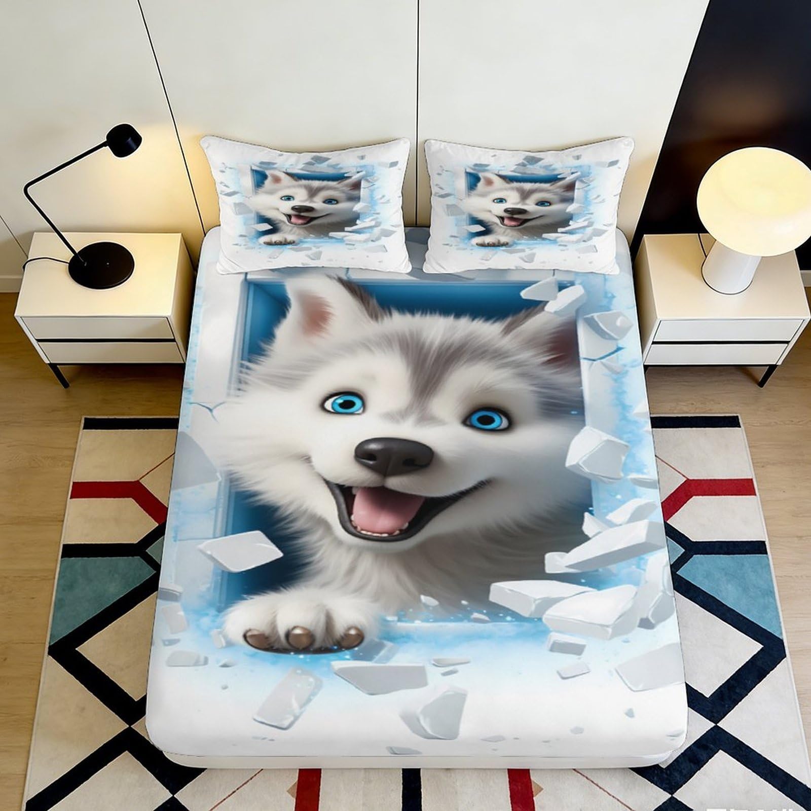 3D Printed Cute Husky Fitted Sheet Microfiber Soft Breathable Puppy Bed Cover for Bedroom Dormitory Guest Room Mattress Protection Decor 90x200x25cm