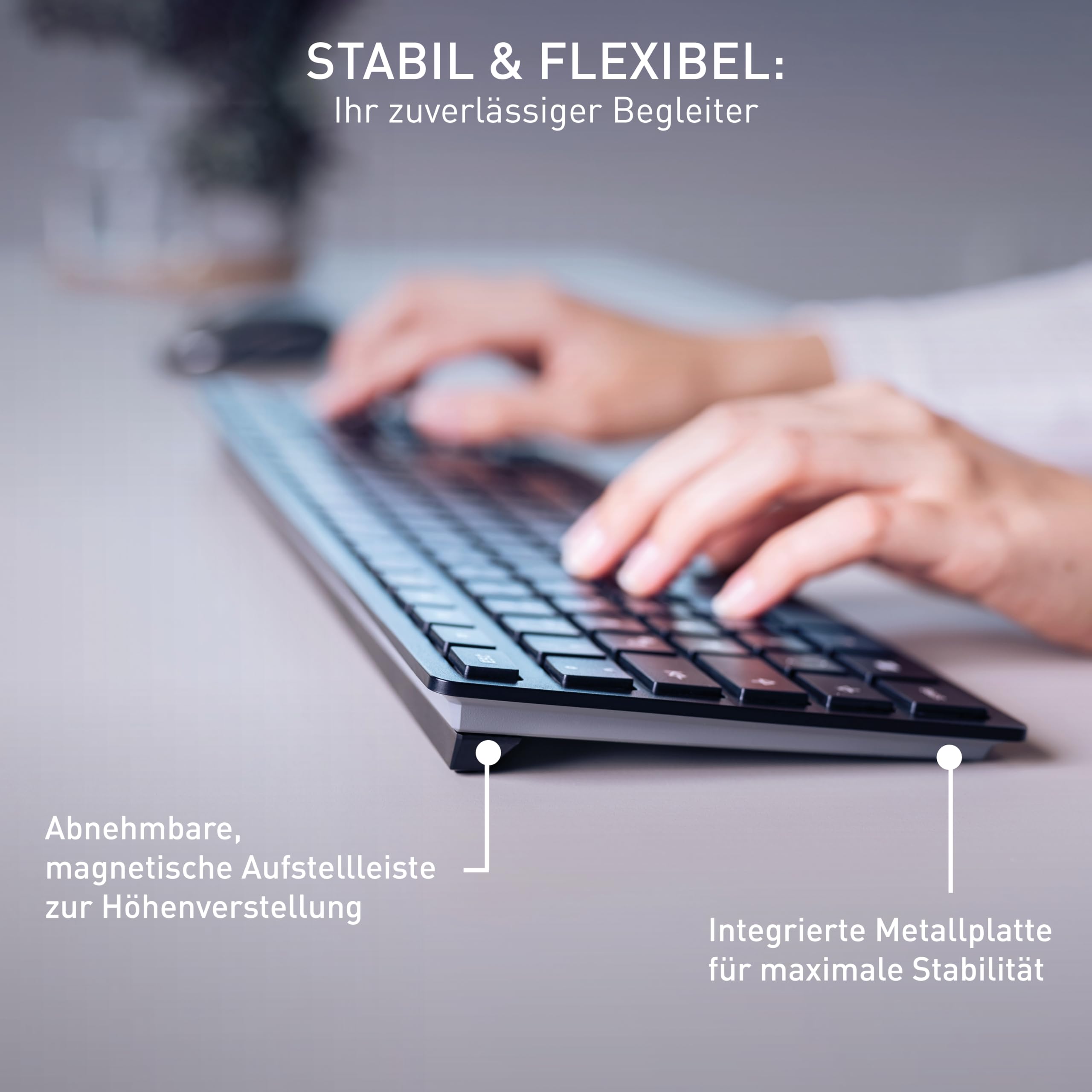 CHERRY KW 9100 Slim, Kabellose Tastatur, Schweiz QWERTZ, Schwarz-Grau | Wireless Verbindung über Bluetooth oder 2,4 GHz Funk mit USB-Dongle, Flaches Design, Leise, 6 Zusatztasten, Wiederaufladbar