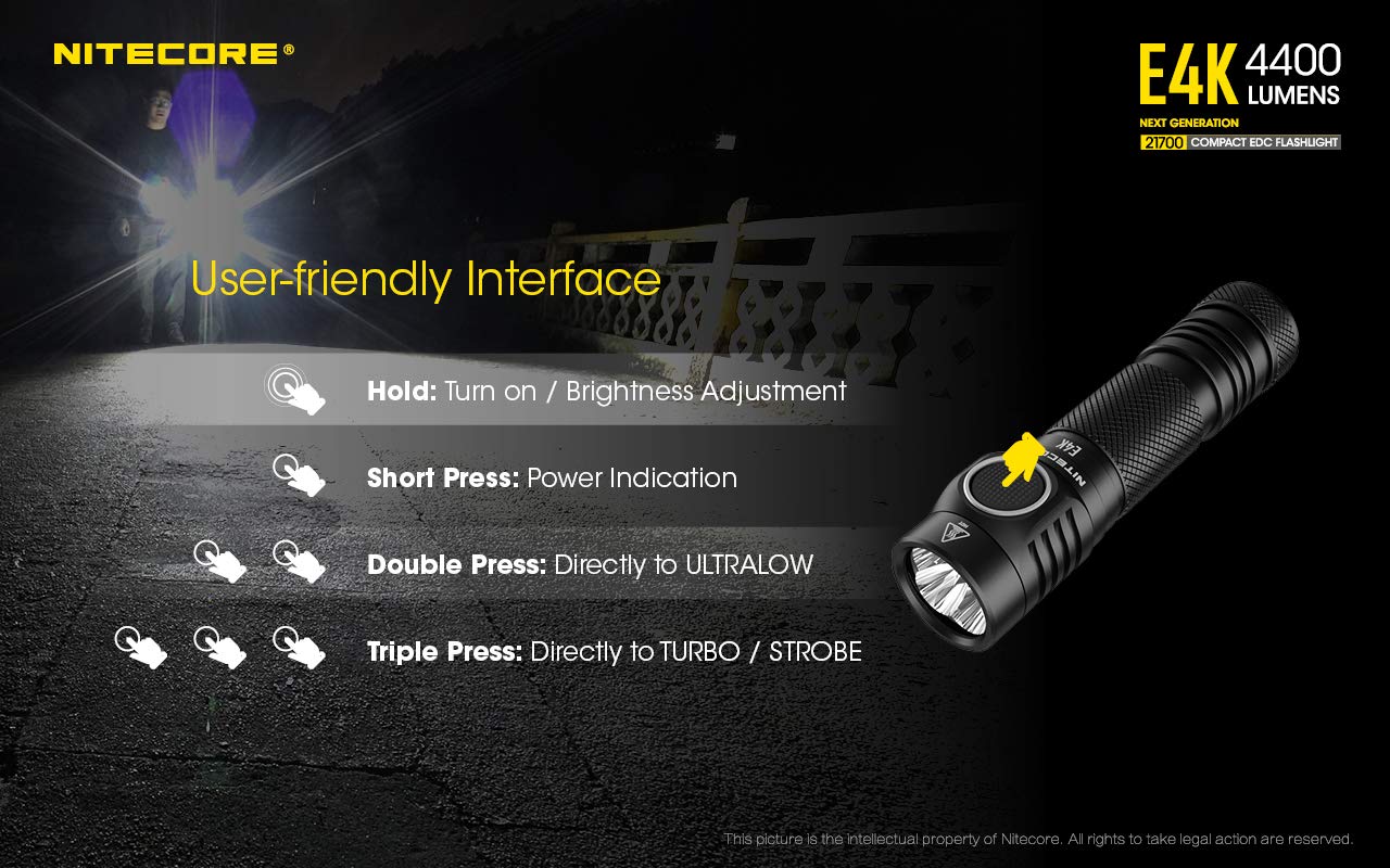 Nitecore E4K Lampe Torche - LED Ultra Puissante 4400 Lumens - Lumière Blanche - Lampe De Poche Étanche IP68 ([ Batterie Li-Ion 21700 USB C Rechargeable Inclus ])