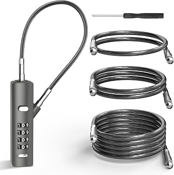 4-Digit Combination Cable Lock with 3 Replaceable Steel Cables for Gate, Bike & Luggage, Resettable Keyless Cable Lock, Grey, 1 Pack