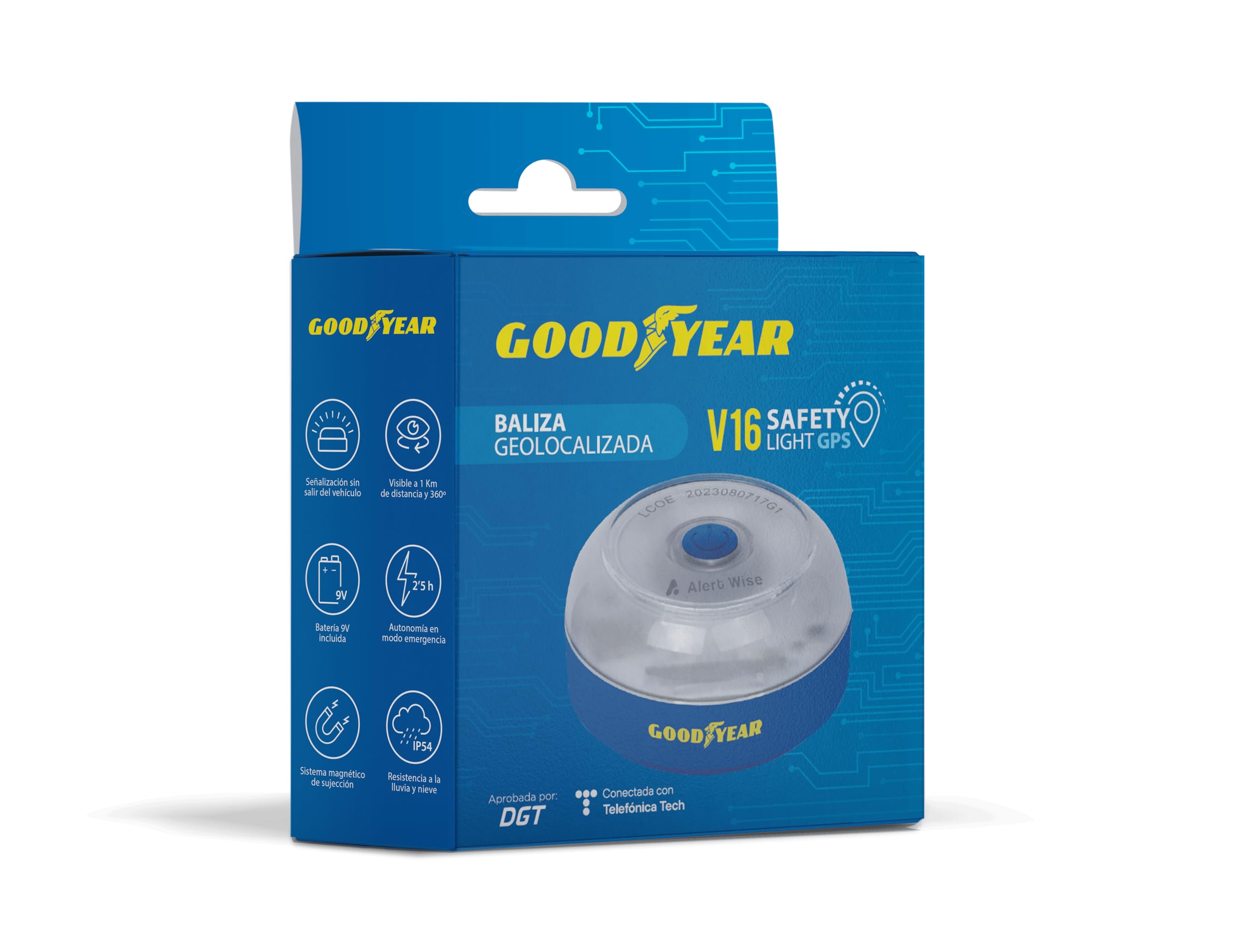Goodyear - Balise V16 DGT homologuée 3.0 – Feu de détresse connecté pour véhicule, géolocalisation GPS, Base magnétique, visibilité à 360°, étanchéité IP54, certifiée LCOE (1, 9 * 9 * 5 cm)