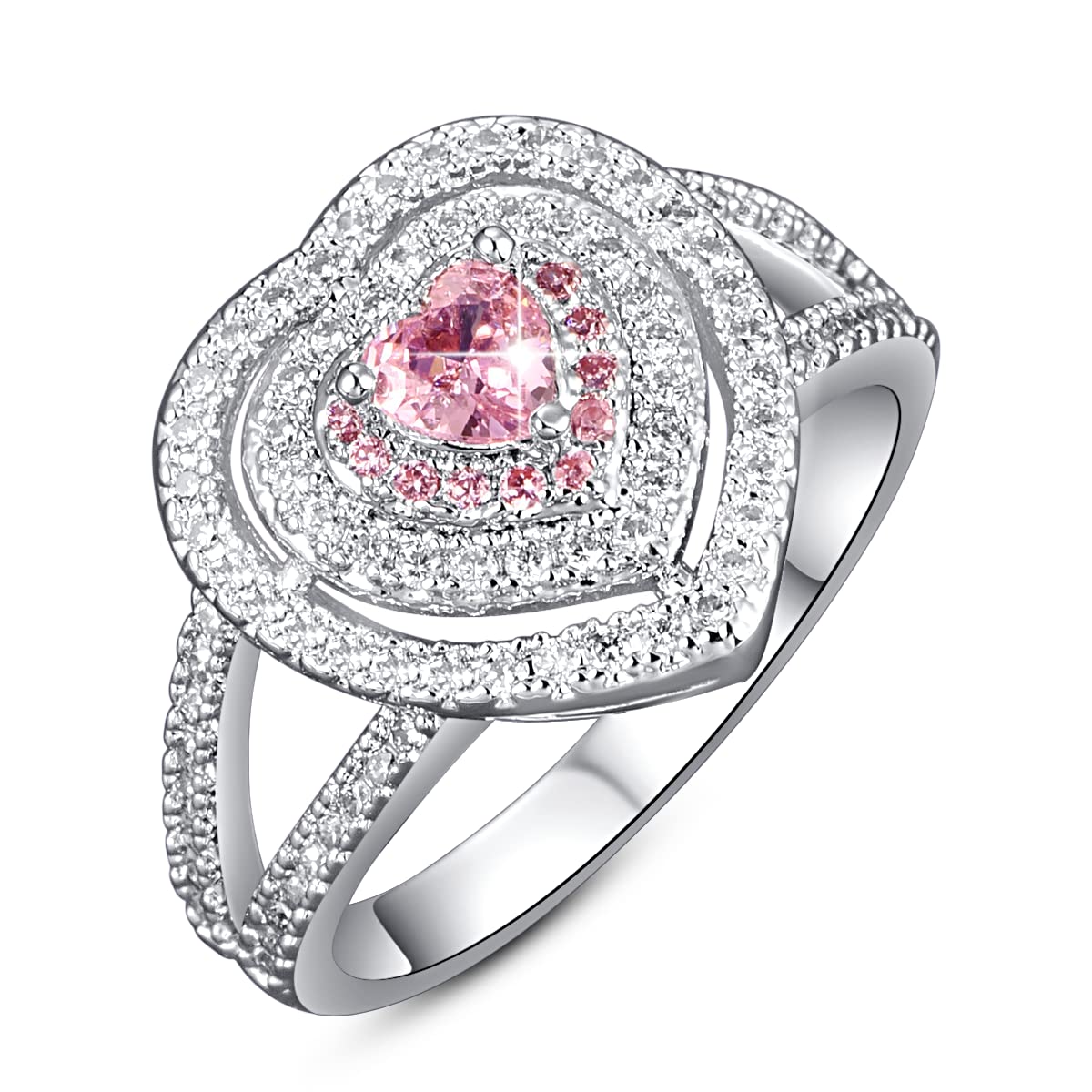 Emsione Created Pink Topaz Heart Cut Halo Wide Anniversary Wedding Engagement Ring Band for Women Men Size 9