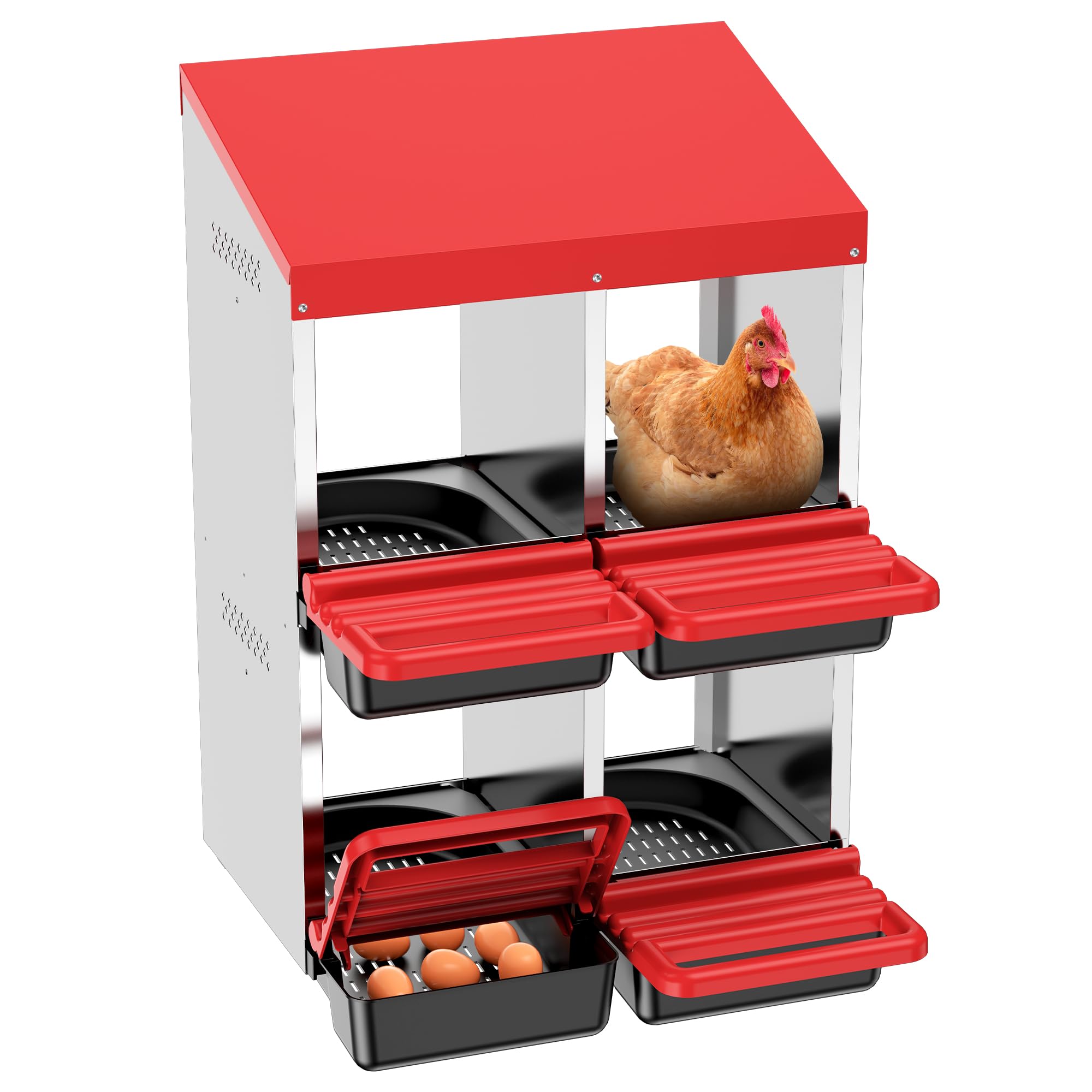 Two-Tier Chicken Nesting Box, 4 Hole Metal Chicken Egg Laying Box with Swing Perch and Rollout Egg Collection for Chicken Coop Red