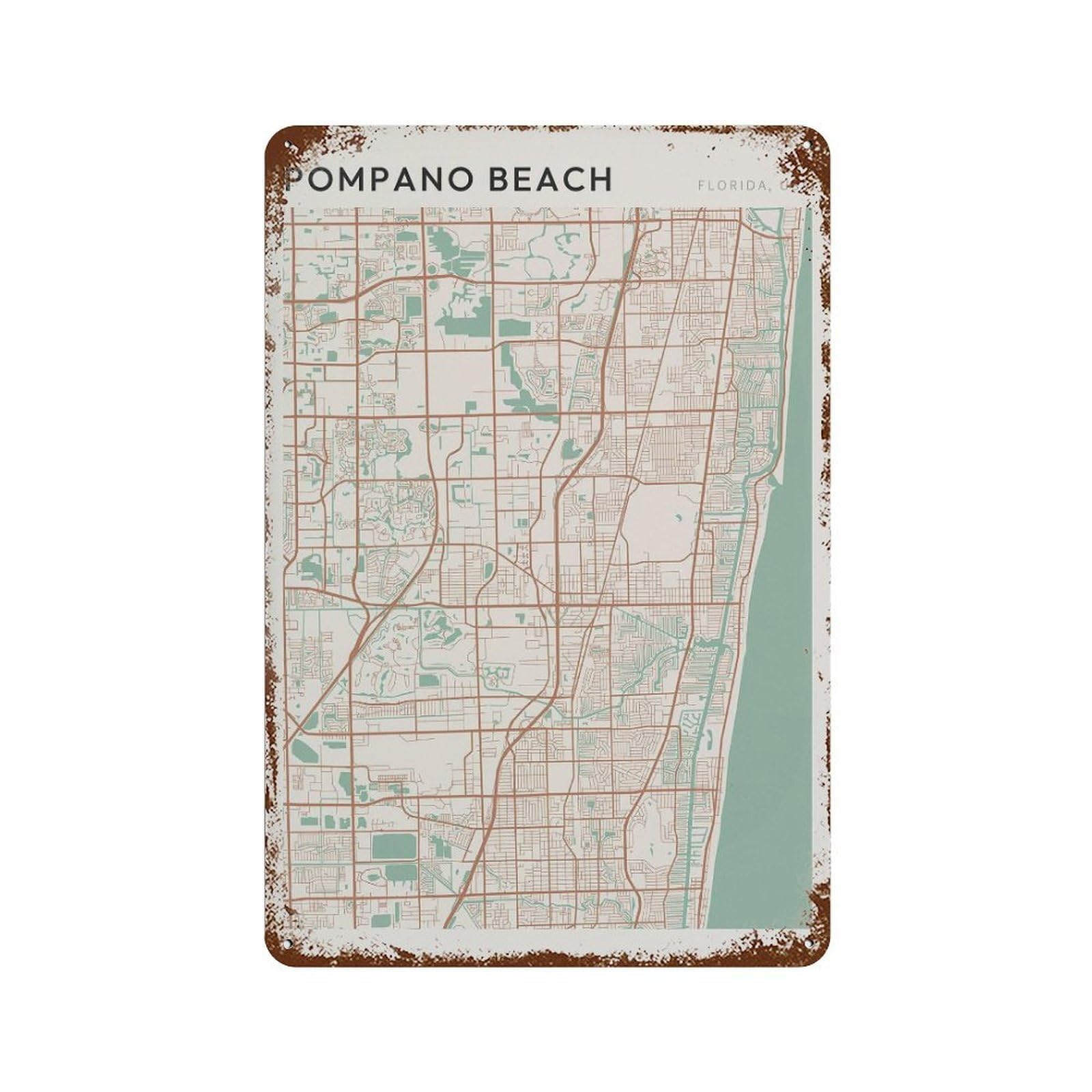 xiaoxiaoshen Pompano Beach Map Florida Travel Gift Farmhouse Decor Wall Decor Art Metal Tin Poster Modern Home Decor Art Home Bar Shop Decorations Vintage Sign 30x20cm