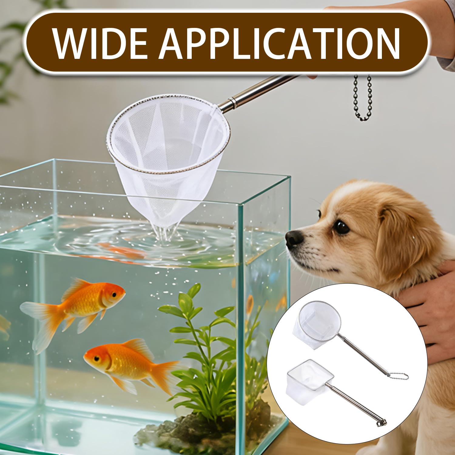 2 Stück Aquarium Kescher Set, Feinmaschiges Fischnetz mit Ausziehbarem Edelstahlgriff, Weißes Quadratisches & Rundes Netz für Garnelen & Kleine Fische, Sicheres Aquarium Zubehör zur Reinigung
