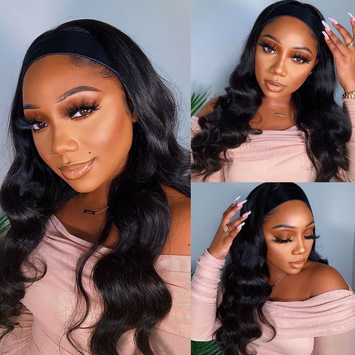 Headband Wig Human Hair Body Wave 20 Inch Half Wig Glueless Human Hair Wig for Women 150% Density Brizilian Virgin Hair Wear and Go Wigs Machine Made Natural Color - Image 2