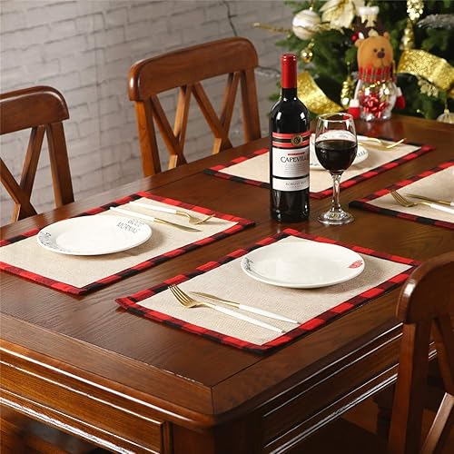 Vista 4 de Sattiyrch Christmas Buffalo Plaid Placemats Set of 4, Polyester & Burlap Reversible Red and Black Buffalo Check Place Mats Christmas Dining Table