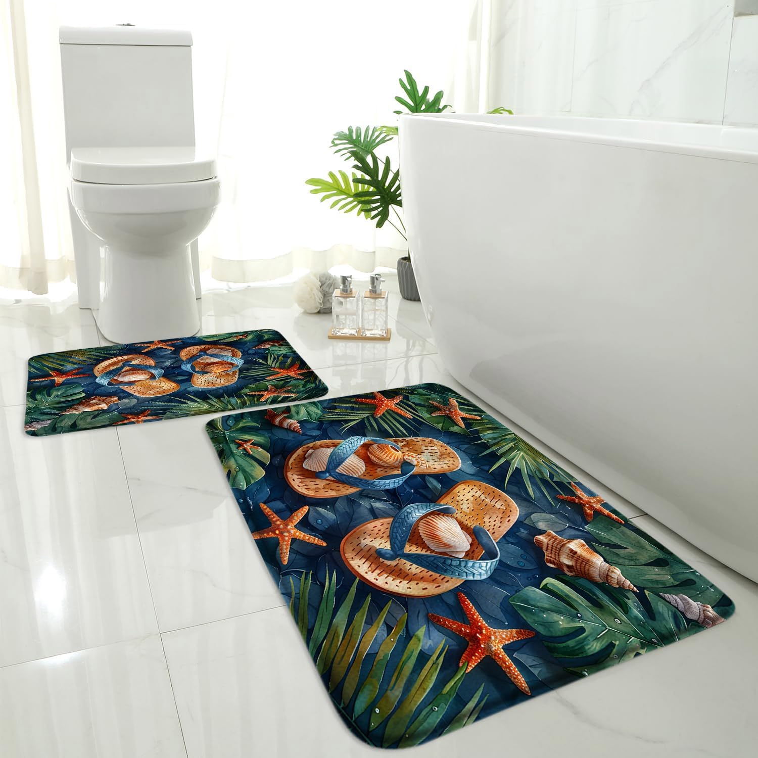2 Pcs Summer Bath Mat Flip Flops Starfish Seashell Tropical Palm Leaf Monstera Beach Watercolor Memory Foam Soft Doormat Kitchen Bathroom Mat/Rugs