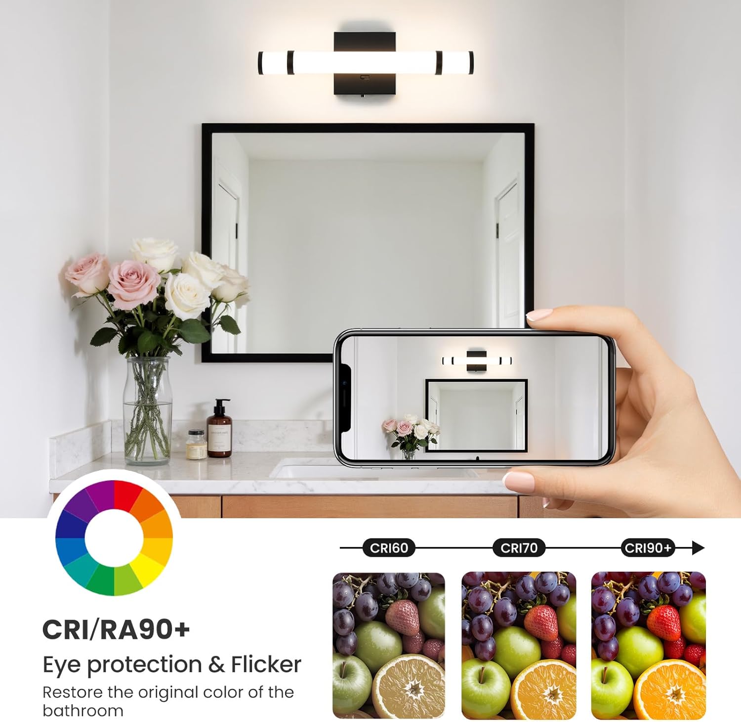 LED Bathroom Light Fixtures Over Mirror 15.4 Inch 10W Black Vanity Light Bar for Bathroom, 5CCT Dimmable Modern Indoor Bath Sconces Wall Lighting for Bedroom Living Room(Built-in Dimmer)