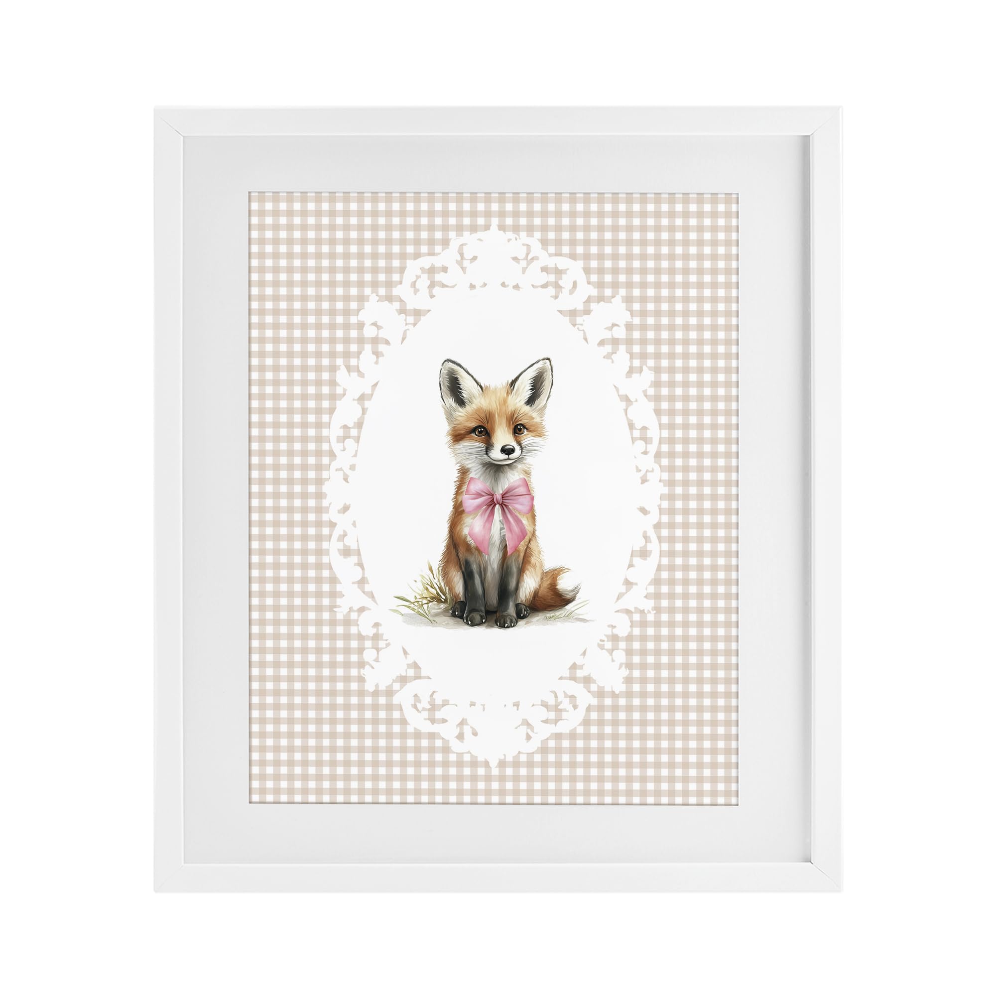 Stupell Industries Vintage Bow Fox Gingham 'Vintage Bow Fox On Gingham', Framed Print Under Glass, White, 13 X 16 Inches, Easy To Hang And Sturdy, Made In Usa, By Christine Simpson Art