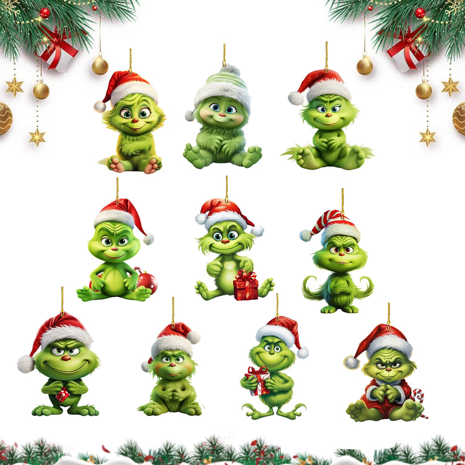 YongSral 10 Pieces Grinch Christmas Decoration, Christmas Grinch, 2D Christmas Ornaments Hanging Acrylic, Grinch Decoration, Grinch Hanging Ornament, for Christmas Tree, Home, Party