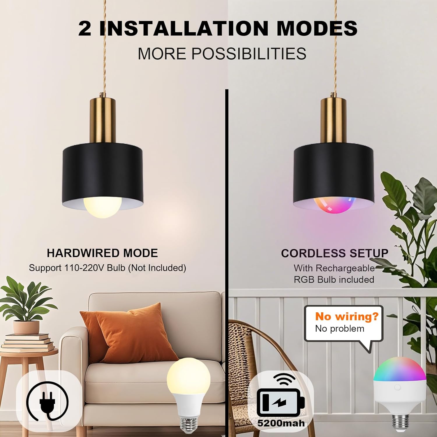 Battery Operated Pendant Light Set of 2, Black with Gold Battery Chandelier with 5200mah Rechargeable Remote Light Bulb, Hanging Island Light for Kitchen Bedroom Dinning Room
