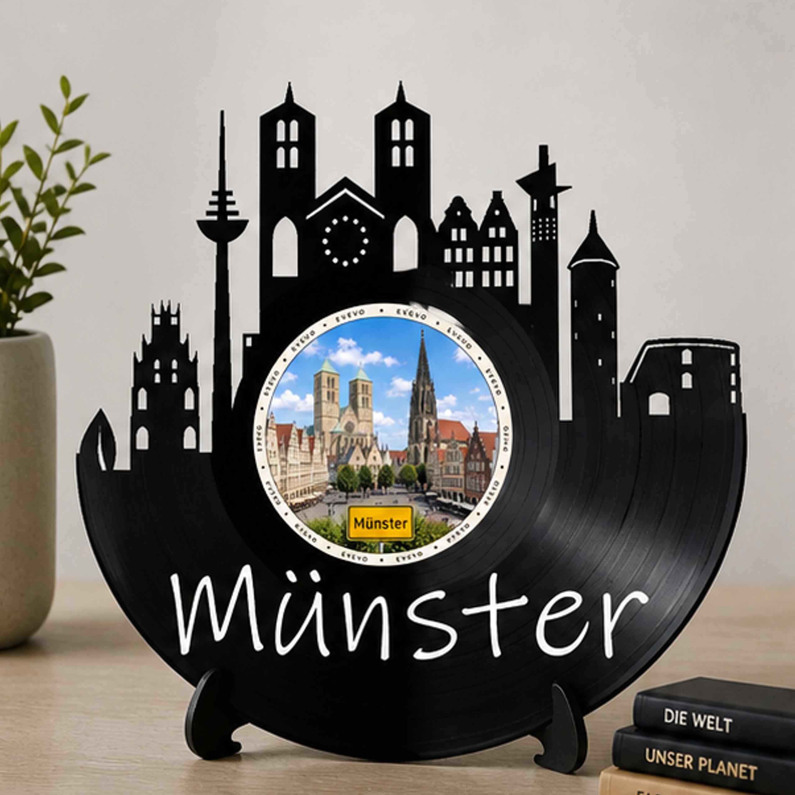 EVEVO Decorazione da parete a forma di disco di Münster, arte da parete in vinile con skyline della Westfalia, regalo per i fan di Münster, amanti della bicicletta della città principale del mercato