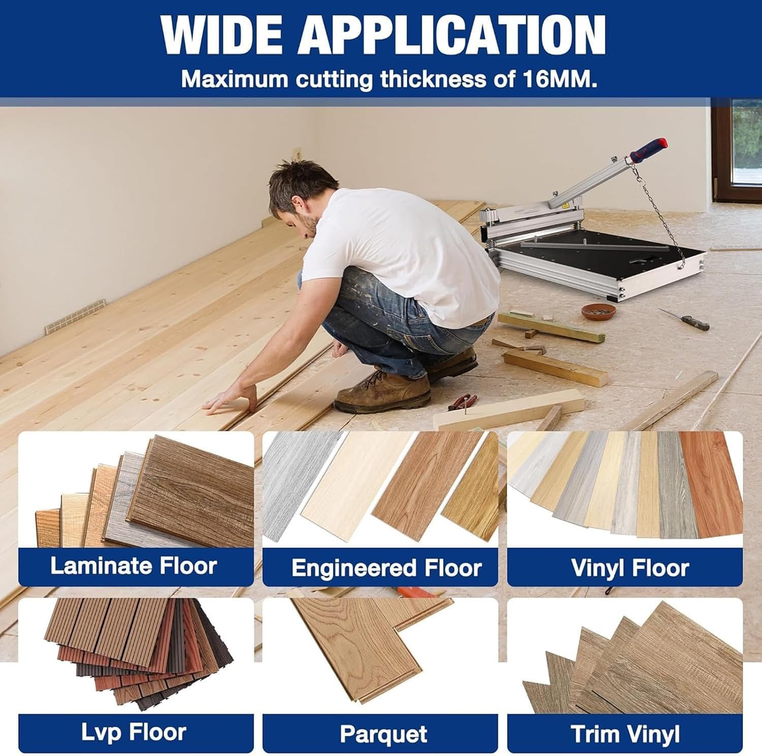 Maszyna do cięcia podłóg, przecinarka do podłóg laminowanych, narzędzia do podłóg, szerokość cięcia 340 mm, rozmiar paneli 550 x 500 mm, do podłóg wielowarstwowych, parkietów, gumy