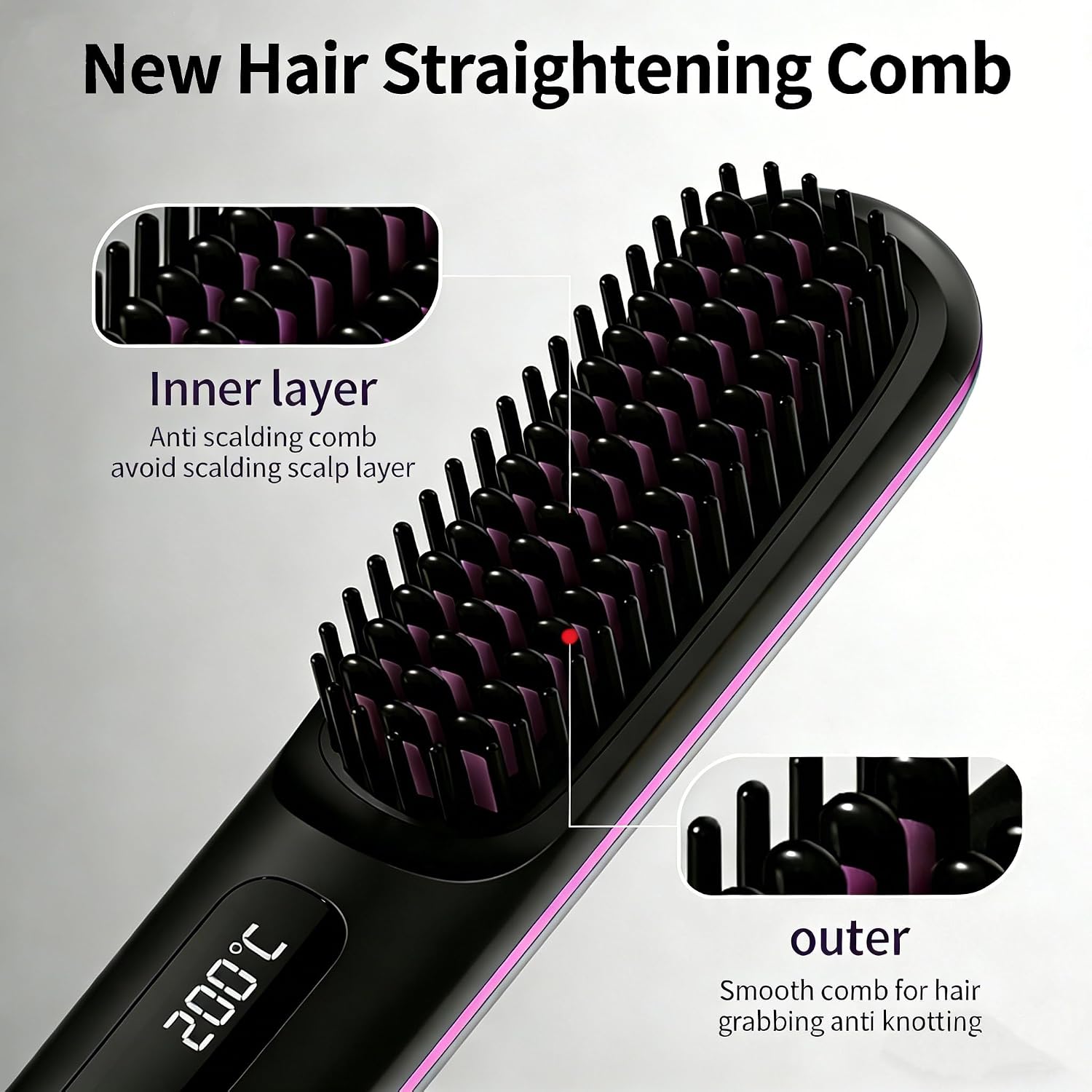 2026 New Cordless Hair Straightener Brush | Rechargeable Portable Straightening Brush with LCD Display | Mini Travel Styling Brush for Short Hair & Beard | Quick-Heating Wireless Hair Comb (Purple)