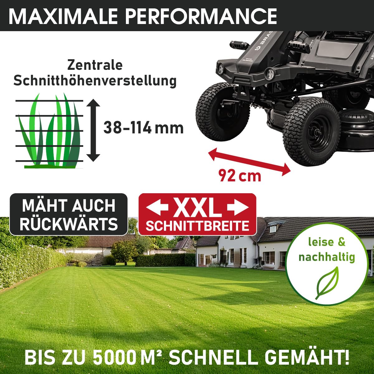 BRAST Akku Rasentraktor Aufsitzmäher | 48V - Elektroantrieb mit 75Ah Batterie | Elektrostart | XXL Schnittbreite 92cm | 4in1-Funktion | 150L Fangkorb | für große Rasenflächen 1.000-5.000 m²