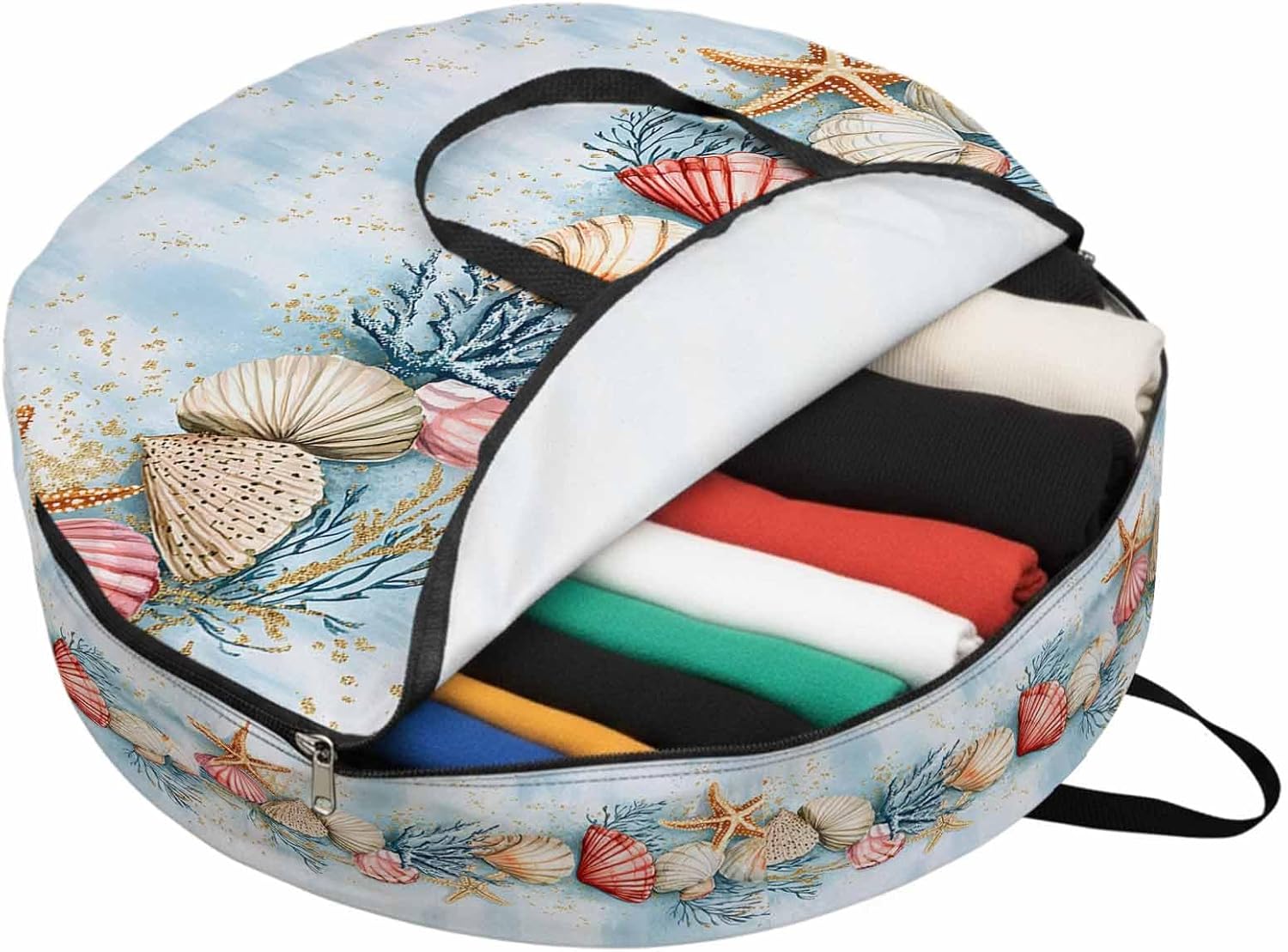 Summer Beach Round Storage Bag 36 Inch, Theme Shell Starfish Coral Nautical Coastal Clothes Storage Container with Handles Heavy Duty Organizer for Comforter, Bedding & Holiday Wreaths
