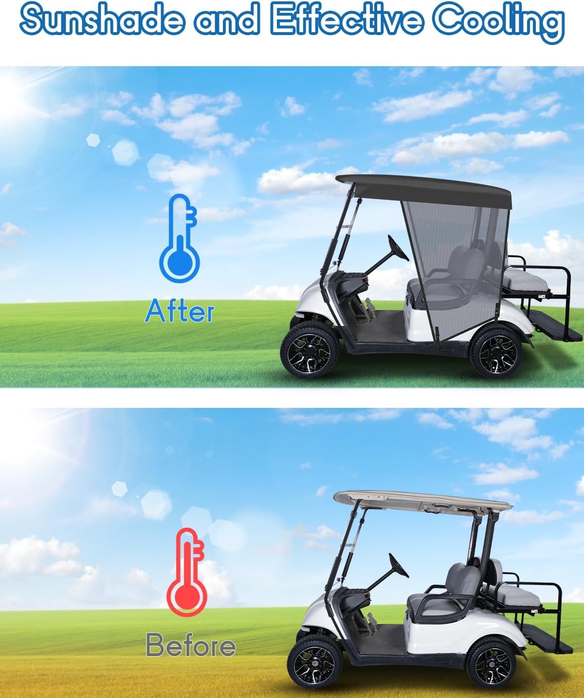 2 Passenger Golf Cart Sun Shade Cover for Yamaha G29 Drive2 69" Short Roof, 3 Sides Roll Up Breathable Mesh Sunshade Screen for Sun Block and Cooling