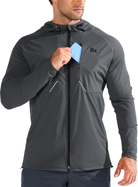 BROKIG Hommes brise-vent Veste de course légère , Pochette zippée poitrine, Collier en os, Tissu en polyester de nylon stretchy, Zip complet,Veste à capuche windproof,Cycling,Hiking,Gym,Workout