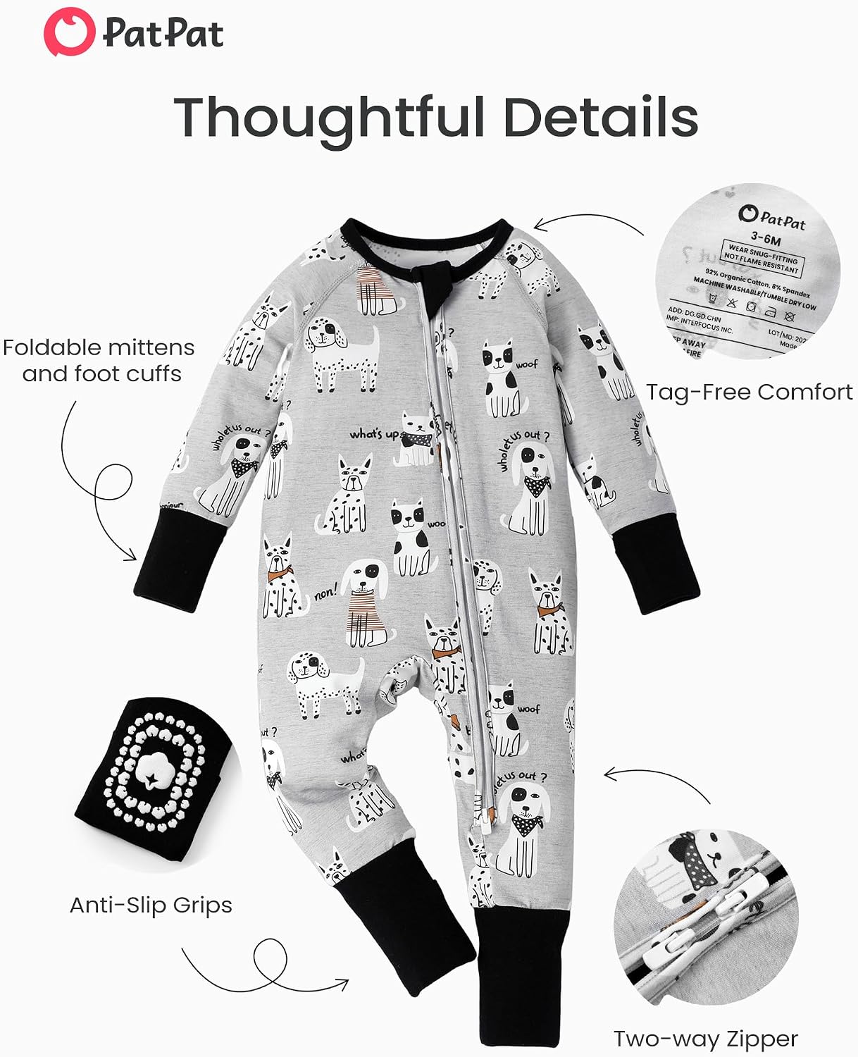 PATPAT Organic Cotton Baby Footie Pajamas with Two-Way Zipper & Mittens image 5