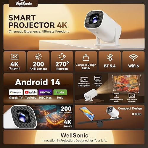 Miniatura 2 de Mini Projector with Wifi and Bluetooth, 4K Protable Smart Projector Build-in Android 14, 130" Screen Auto Keystone Movie Projector Compatible with