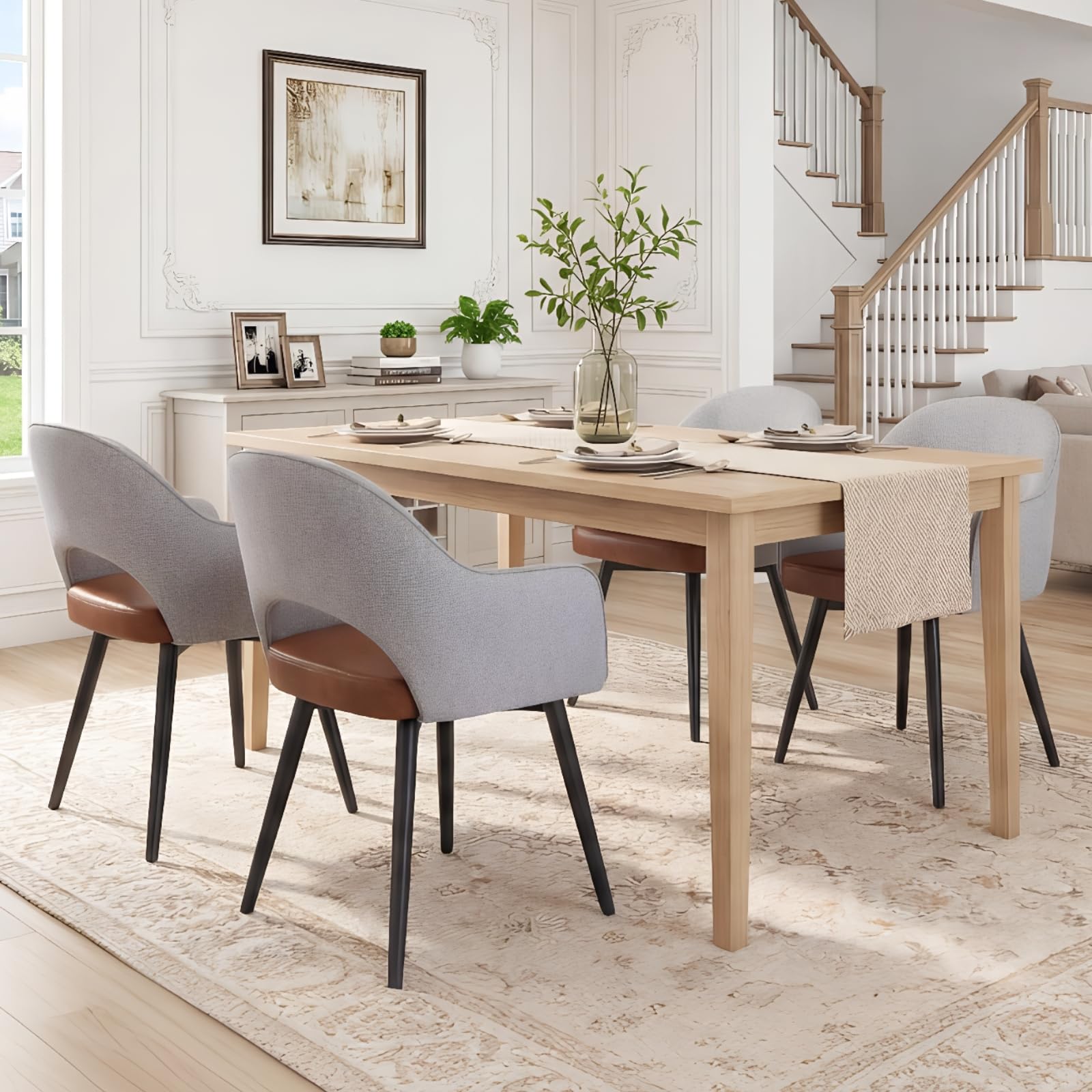 DUOMAY Modern Swivel Dining Chairs Set of 4, Linen & Faux Leather Upholstered Accent Side Chair, Home Office Desk Chair with No Wheels for Dining Room