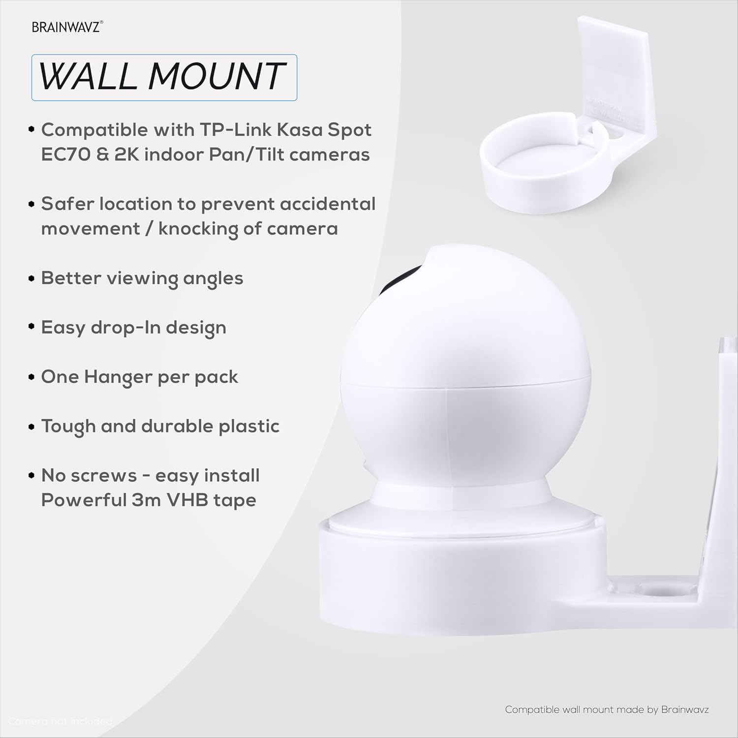 BRAINWAVZ Wall Mount for Kasa EC70 Spot & 2K Indoor Pan/Tilt, Adhesive Holder for TP Link Spot Smart Security Cameras, Installs in Minutes, No Mess Hanger Bracket (White)