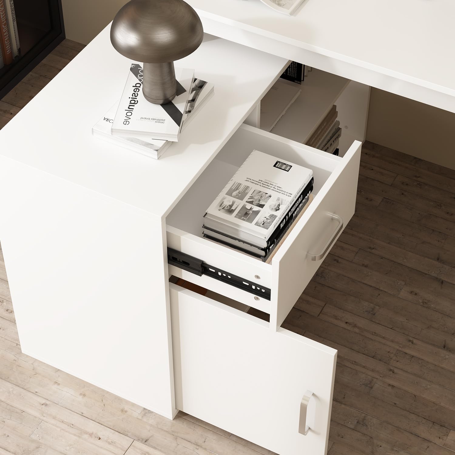 ECACAD Shape Adjustable Computer Desk with Storage Cabinet, L Shaped Corner Home Office Desk Study Writing Table with Drawer, Door & Adjustable Shelves, White