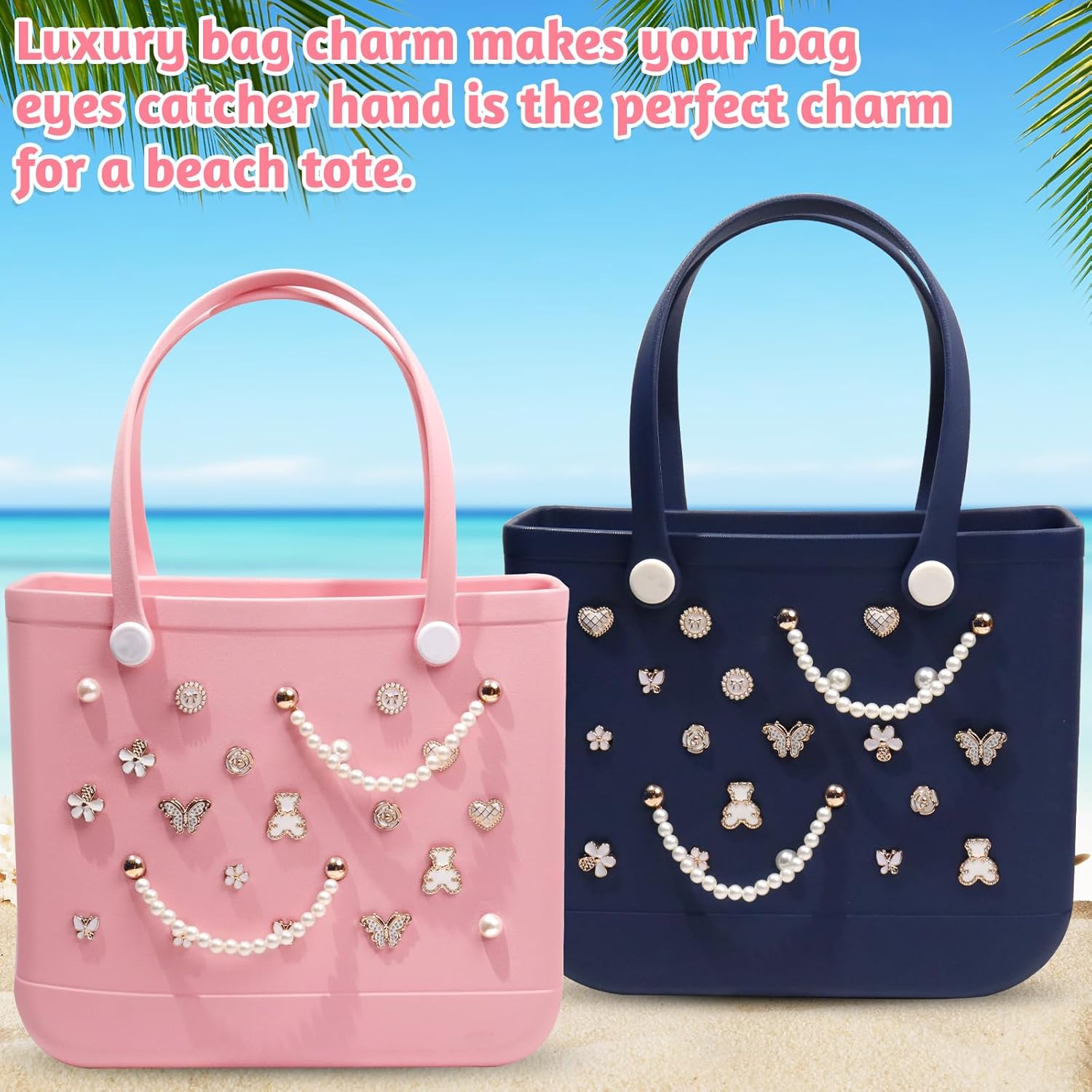 22 Pcs Beach Charms for Bogg Bag DIY Accessories Bear Flower Love Pearl Chain Charm Cute Decoration Bag Charms for Bogg Bags Rubber Tote Beach Bags for Women - Image 4