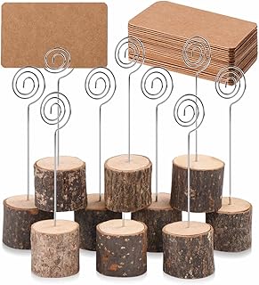 10Pcs Premium Wood Place Card Holders with Swirl Wire and 20 Pcs Kraft Place Cards, Rustic Wood Table Number Holders Stands, Name Cards Photo Holders for Wedding Party Sign Food Cards Label