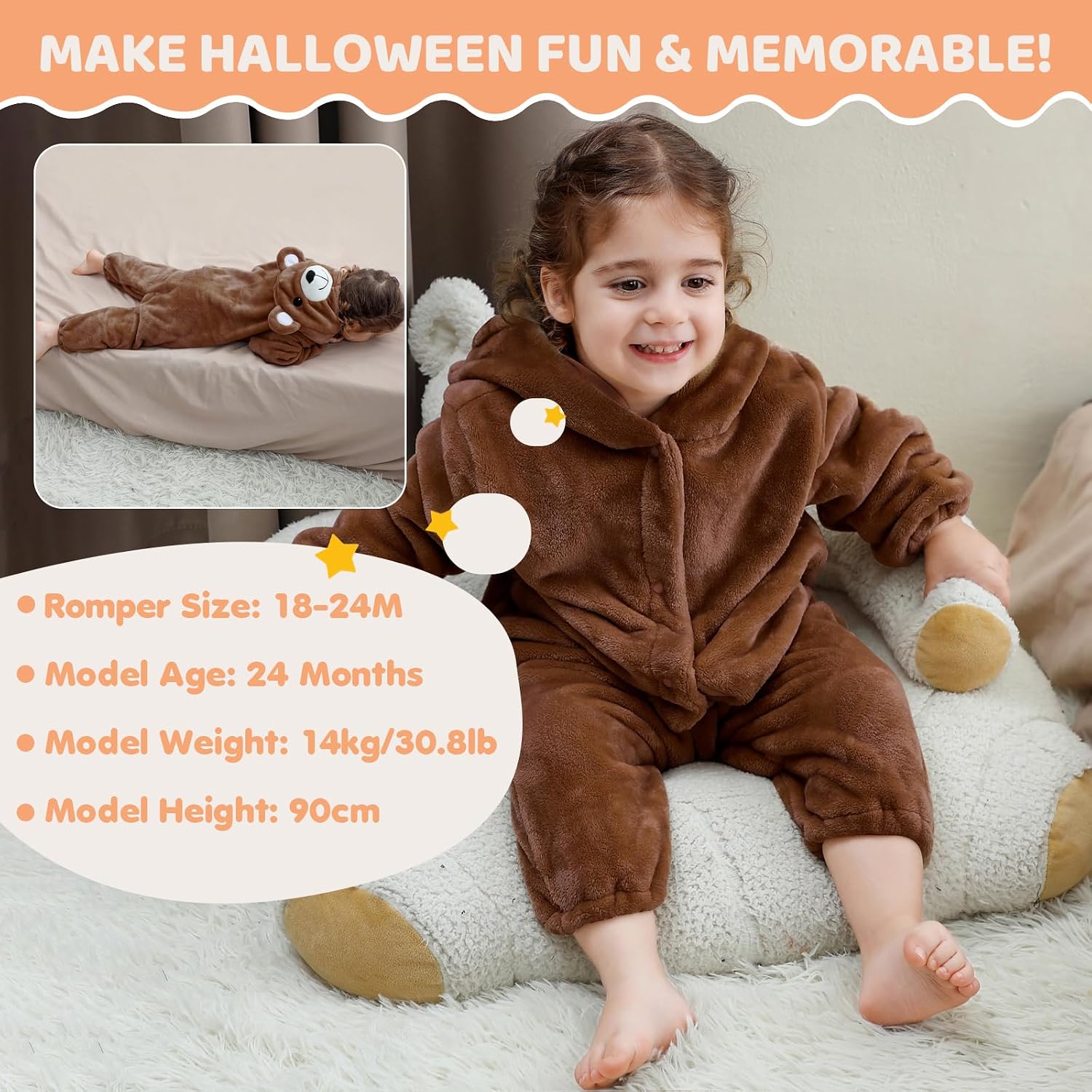 Unisex Baby Bear Hooded Romper Jumpsuit Toddler Infant Plush Halloween Outfits 2-36 Months