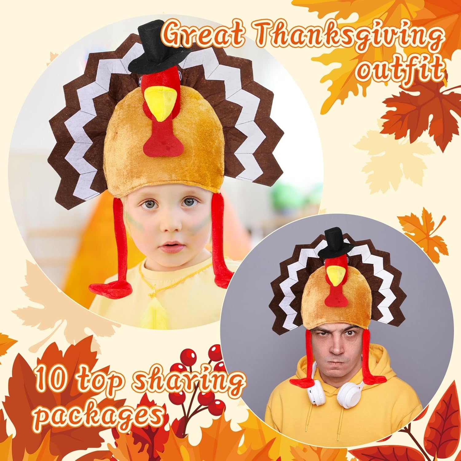 Ramede 10 Pcs Thanksgiving Turkey Hat Bulk Funny Turkey Cap for Adults Plush Chicken Gobbler Cap for Thanksgiving Accessories Cosplay Carnival Role Dress-up Party Favor Supplies(Stylish Style)