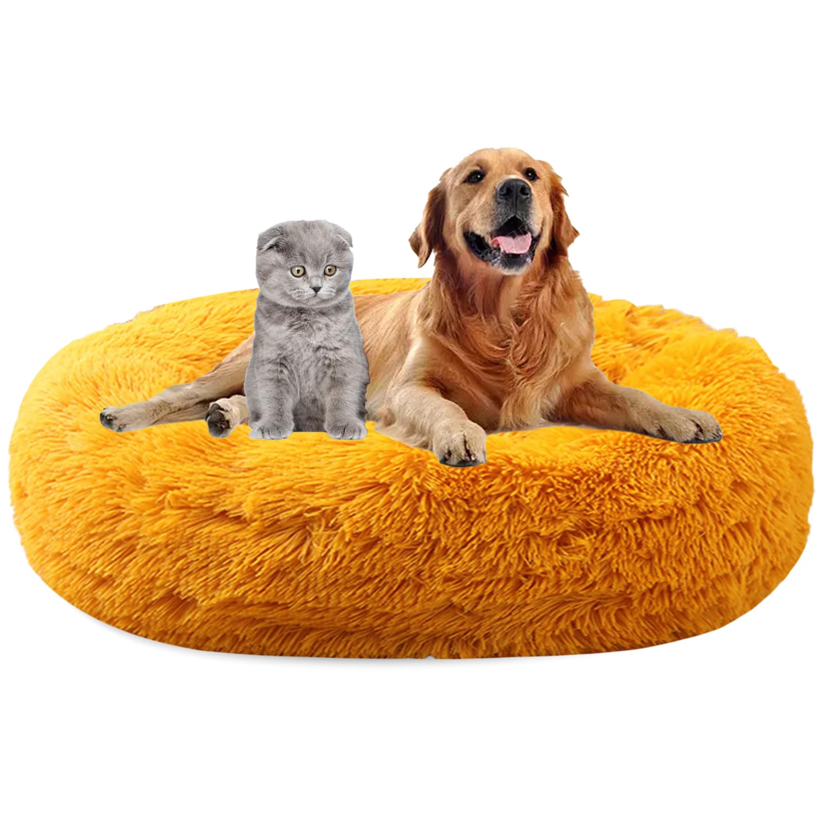 MAIFENGL Calming Dog Bed Plush Donut Pet Bed, Fluffy Washable Non-Slip Plush Cuddler Warming Round Dog Cat Bed- Golden|| Ø120cm/47in