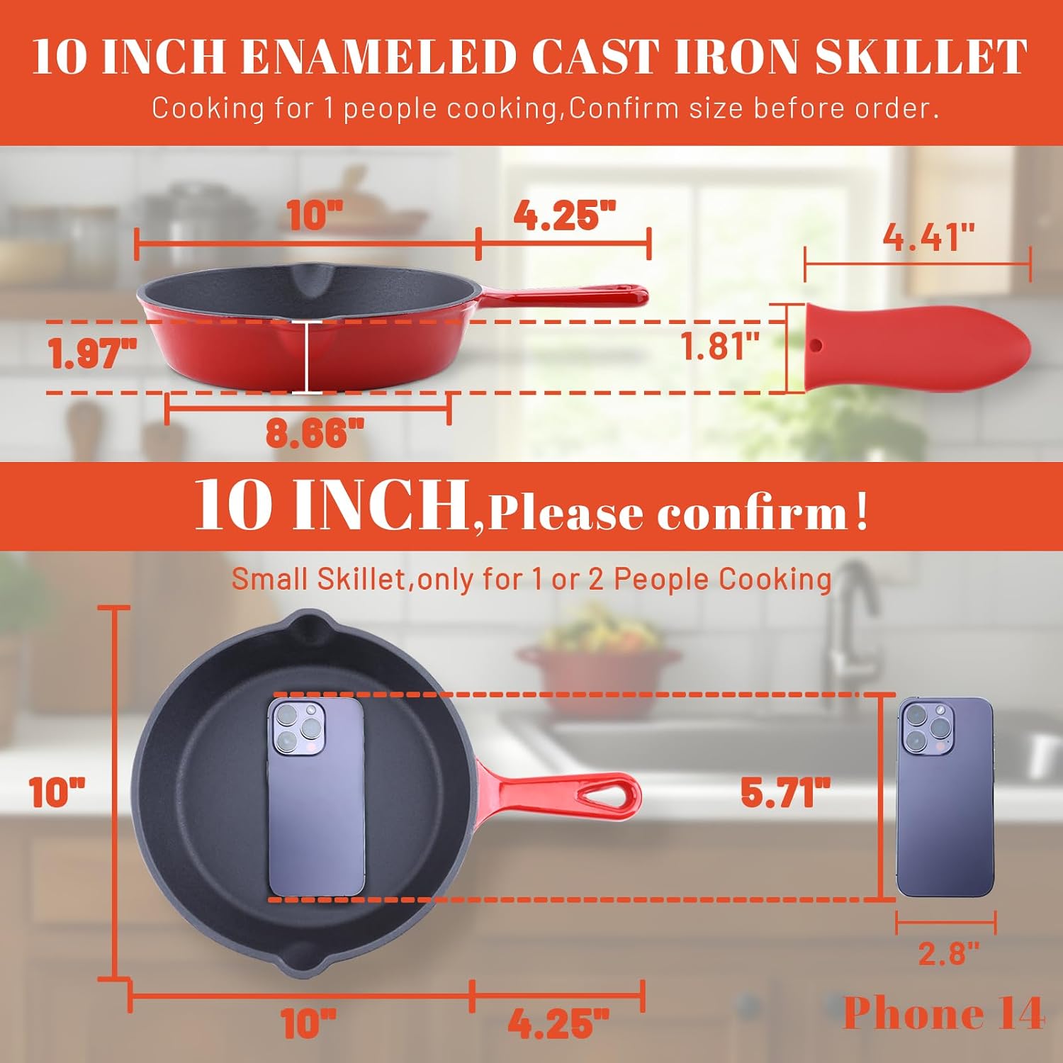 Enameled Cast Iron Skillet 10inch with Pour Spouts for Searing Baking Grilling and Roasting,10" Frying Pan Cookware with Silicone Handel Cover,Durable Oven Safe Pan,Stove Campfire Use(Red)