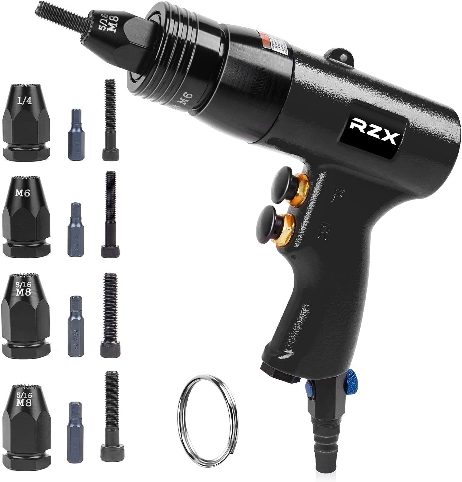 RZX Rivet nut Tool,Hand Rivet nut, Blind nut Riveter,nut setting4 Mandrel Pneumatic Rivet Nut Setting Gun with Quick-Change M6 M8 1/4 5/16