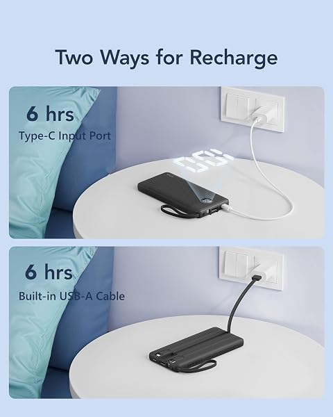 VRURC Portable Charger with Built in Cables, Slim Power Bank 10000mAh, USB C Travel Battery Pack, 5 Output 2 Input External Charging Bank for iPhone 17 16 15 14 13,Samsung,Android-Black(1 Pack) - 5