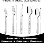 Hammered Silverware Set, 40-Piece Stainless Steel Square Flatware Set for 8, Food-Grade Tableware Cutlery Set, Utensil Sets for Home Restaurant, Mirror Finish, Dishwasher Safe